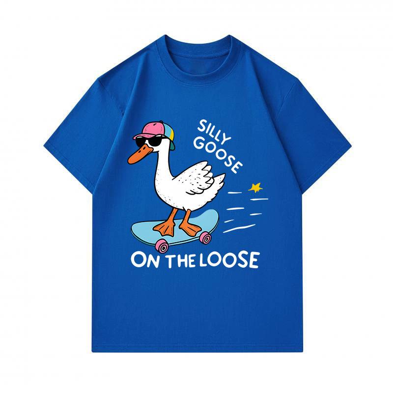Men's 100% Cotton Crew Neck Short Sleeve T-Shirt, Funny Silly Goose Skateboarding Print Casual Summer Tee, Lightweight Breathable Loose Fit Top for Da