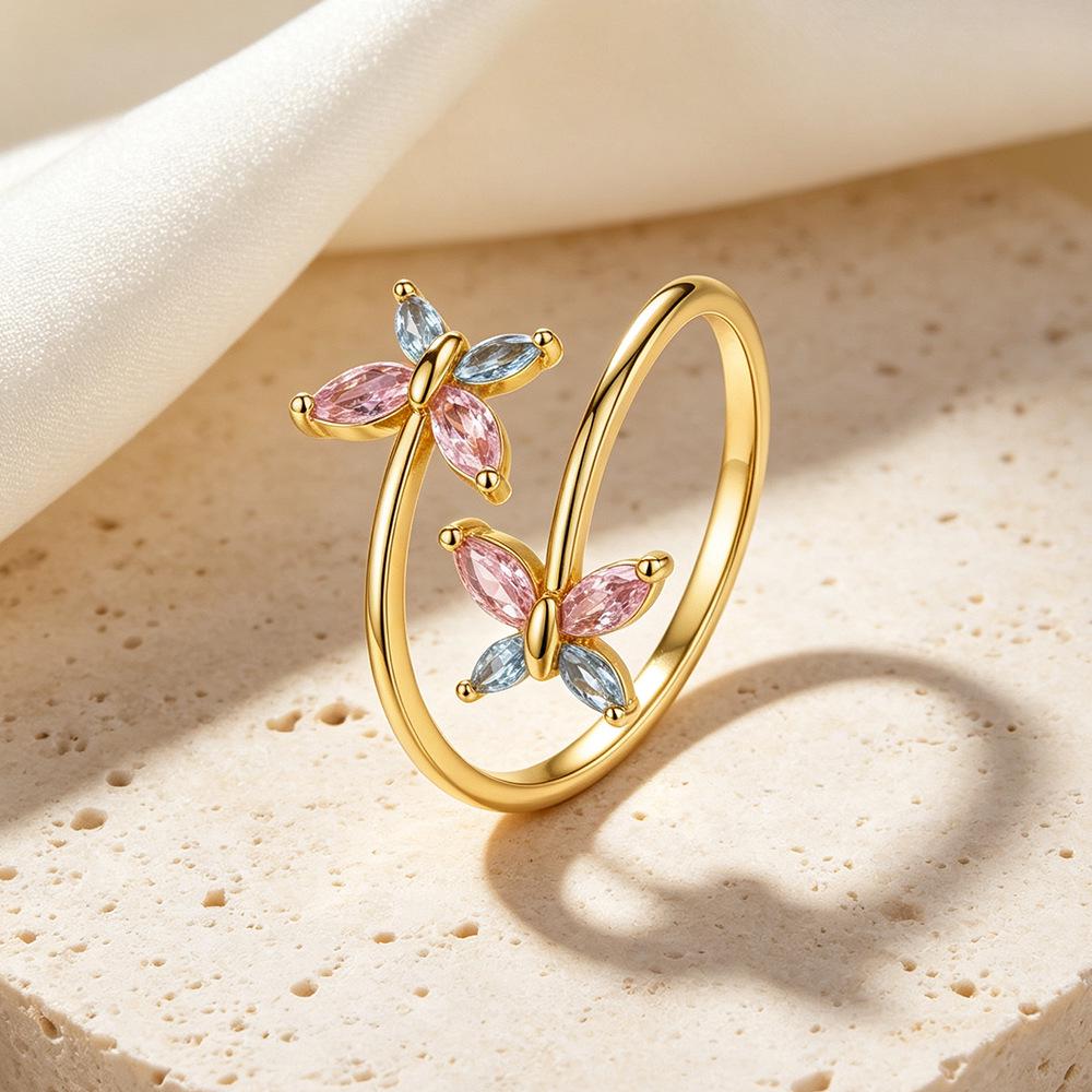 S925 Sterling Silver Flower & Butterfly Adjustable Ring for Women - Unique Design