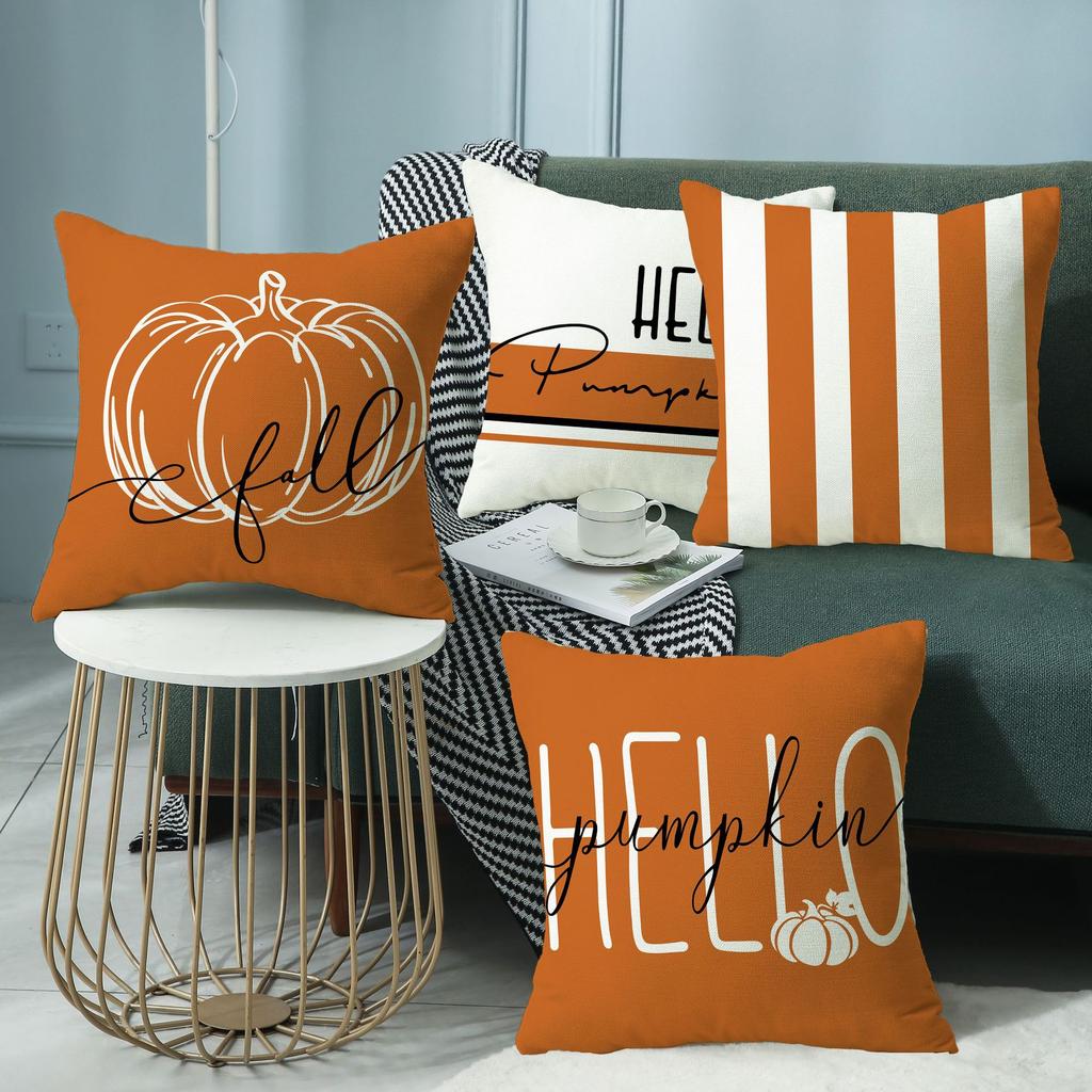 New Pillow Autumn Pumpkin Text Orange Linen Print Thanksgiving Home Sofa Pillow Cover