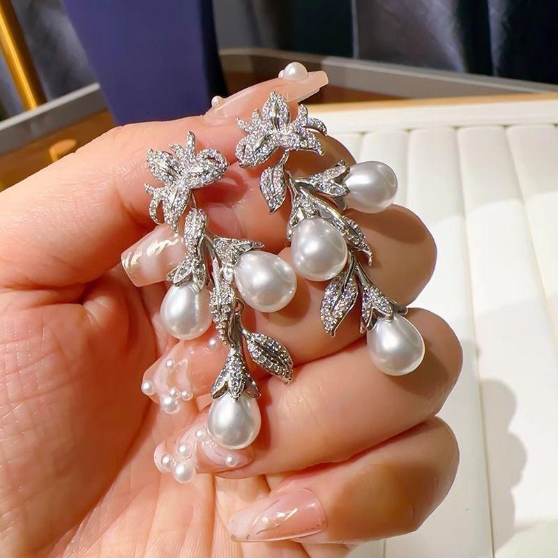 Glamorous Flower Branch Earrings with Cubic Zirconia Pearl Women's Stunning Long Dangle Party Jewelry