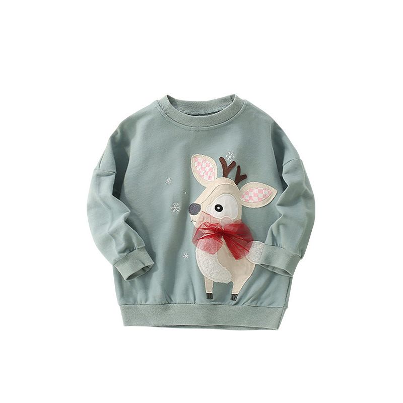 Girls' Autumn Sweatshirt 2025 New Children's Grass Green Snowflake Deer Long-Sleeve T-Shirt Girl Foreign Trade Cartoon Top 3