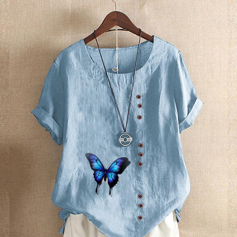Camiseta de manga corta con cuello redondo para mujer, blusa informal de lino y algodón con estampado de mariposas, holgada y de verano