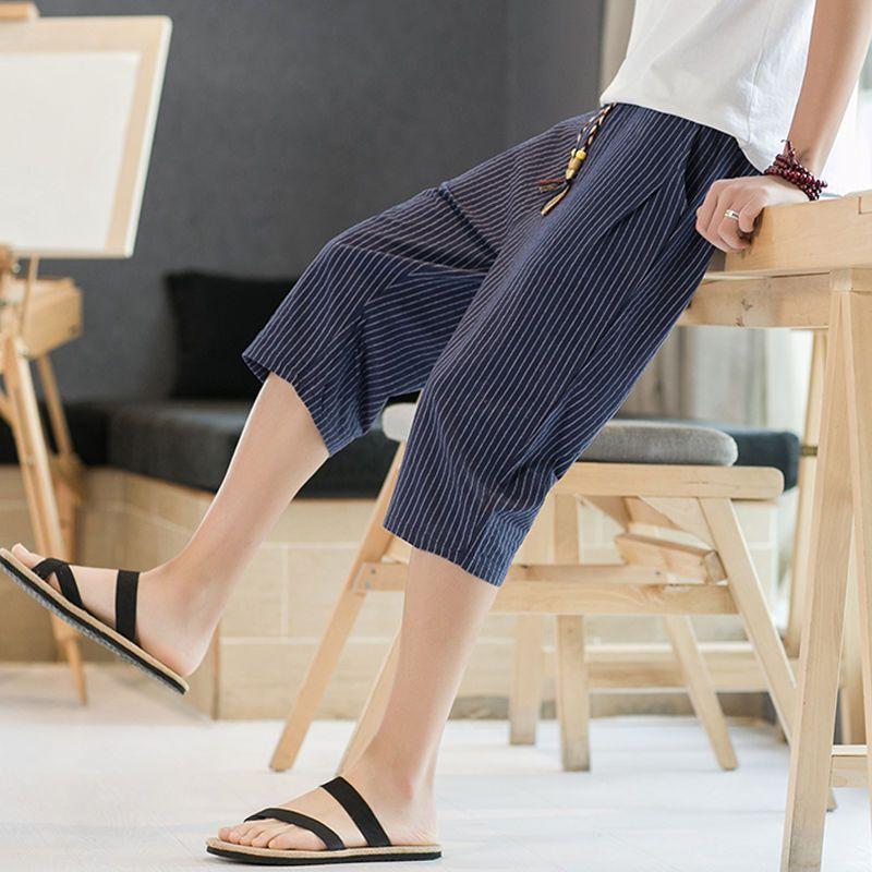Cropped Pants Men's Loose Summer Thin Striped Casual Pants Trendy Sports Mid-pants Men's Shorts