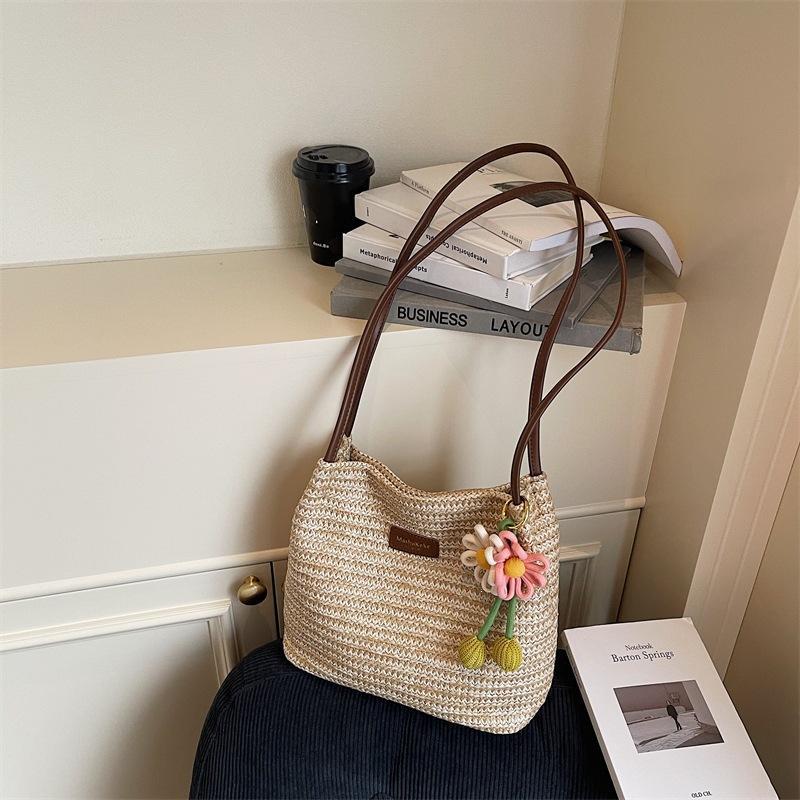 Fashionable Woven Straw Women'S Shoulder Bag Large Capacity Tote Bag Summer Holiday Style Polyester Material Bag