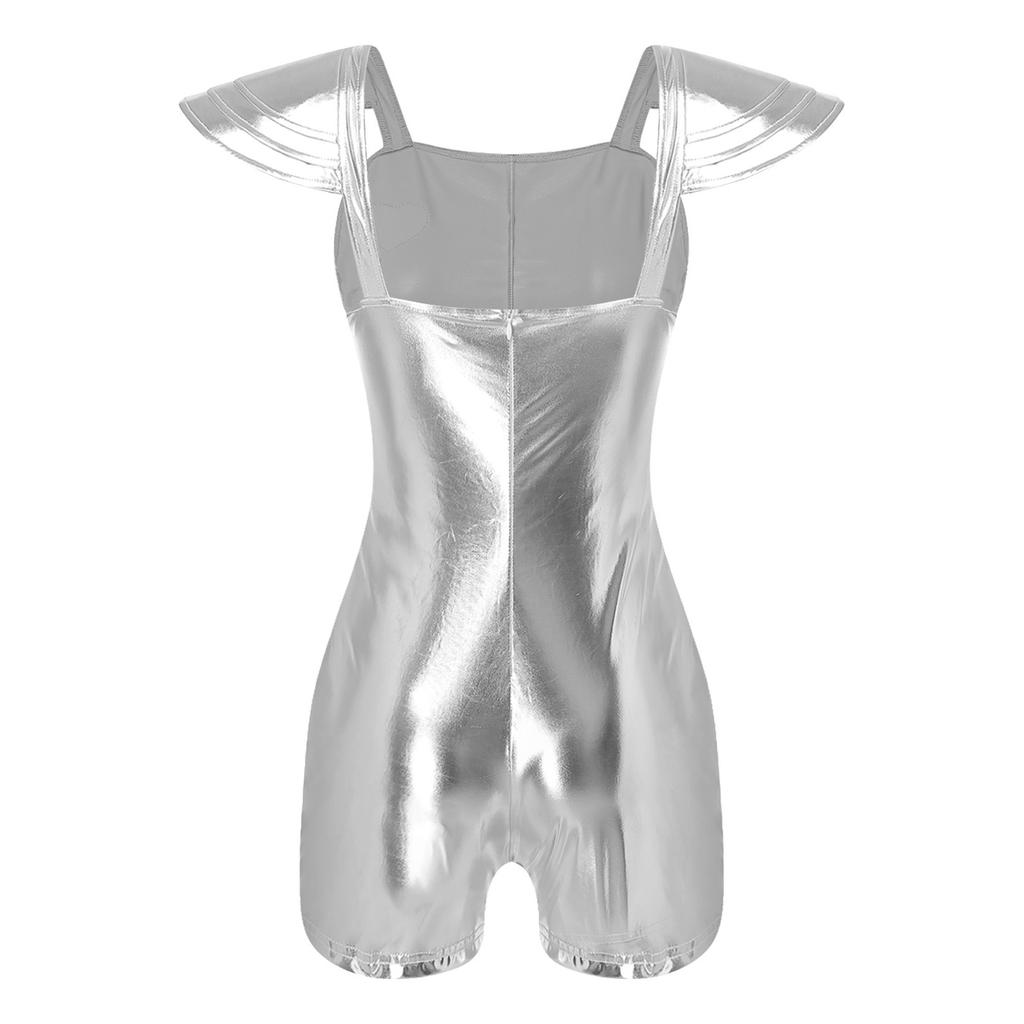 Womens Costume Sequin Heart Metallic Jumpsuit Tiered Cap Sleeve Back Invisible Zipper Bodysuit Hat Axe Gloves