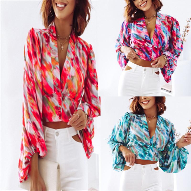 Spring and summer new women's clothing fashionable and sexy V-neck waist printed lantern sleeve shirt shirt
