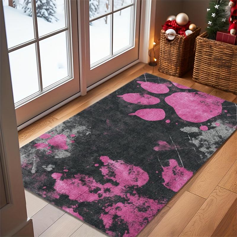

1pc Pink Paw Print & & Pink Abstract Design Mat - Soft Flannel Machine Washable Indoor/Outdoor Door Mat with Non-Slip Backing, E 40cm x 60cm
