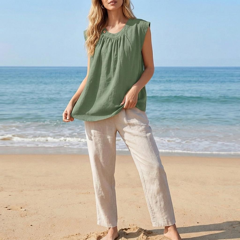 Sleeveless Loose Fit Linen Blouse for Women Casual Round Neck Solid Lightweight Summer Top Shirt