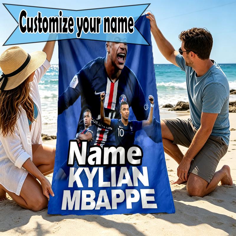 Personalisierbares Strandtuch mit Kylian Mbappe Aufdruck und individuellem Namen, für Reise Camping Strandparty Heimdekoration, Geburtstagsgeschenk für Familie & Freunde