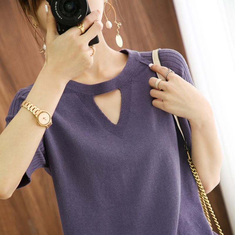 

Женская летняя футболка с круглым вырезом, короткими рукавами, из полой хлопковой нити, нового дизайна, свободного кроя, с рукавами до локтя, универсальная базовая футболка-топ XXL