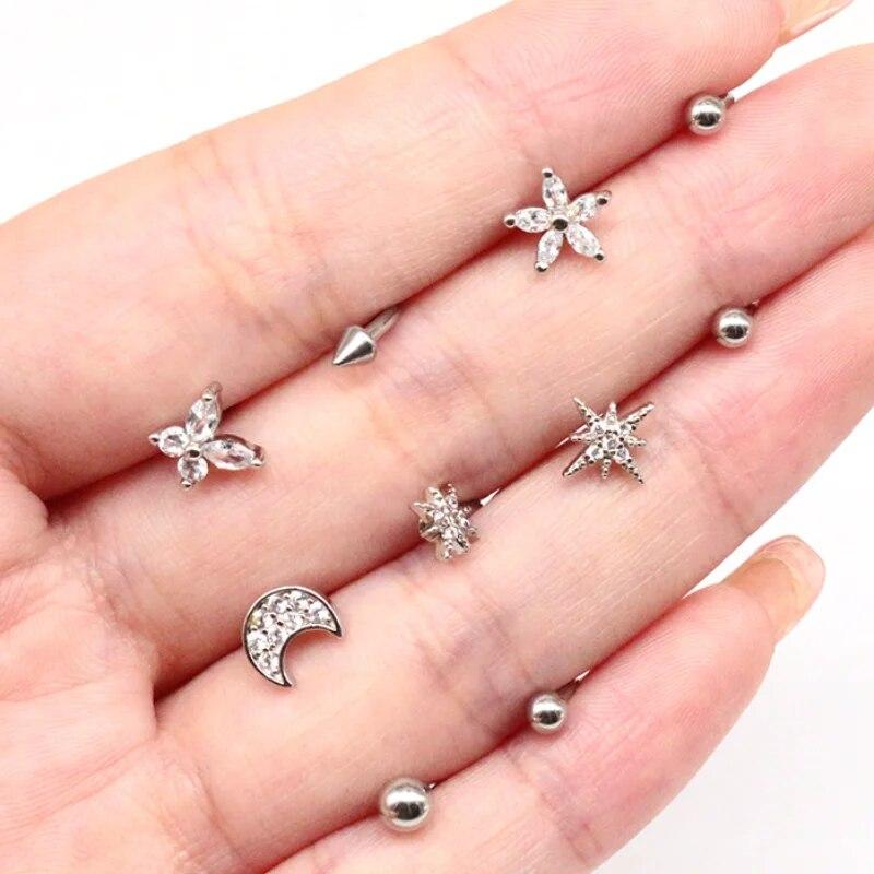 Anello per labbra per occhi alla moda, piercing per labbra in acciaio inossidabile, anelli per labret, piercing per setto per unghie a forma di cuore, farfalla, luna, loto