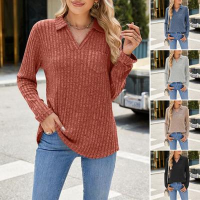 Women Sweater Lapel V-Neck Design Chest Pocket Long Sleeve Solid Color Knitting Tops Ribbed Casual