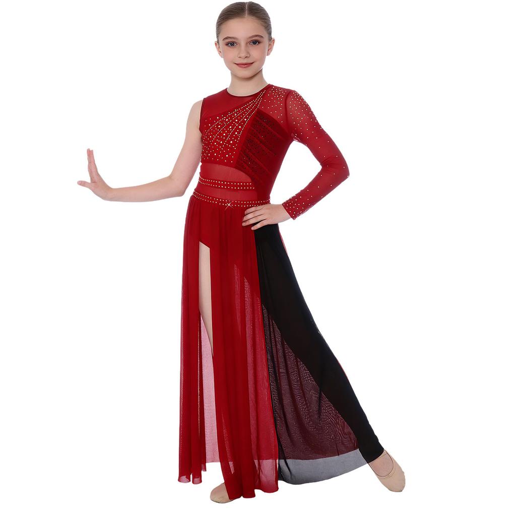 Kids Girls Stage Performance Dress: Back Invisible Zipper Color Block Mesh Patchwork Side Split with Shiny Rhinestones for Lyrical Dance