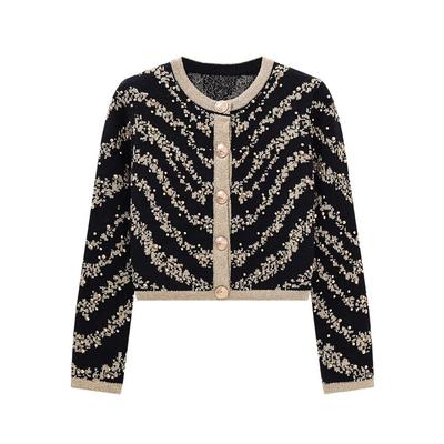 Autumn Winter Sweater Cardigans Women Single Breasted Luxury Beading Striped Casual Knitwear Traf Tops Mujer New In C-187