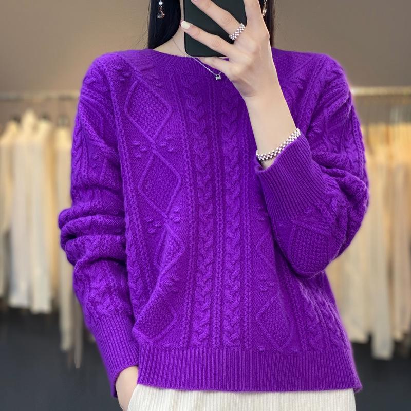 Women's Round Neck Knit Sweater - Cozy Autumn/Winter Pullover Wool Base Layer Top