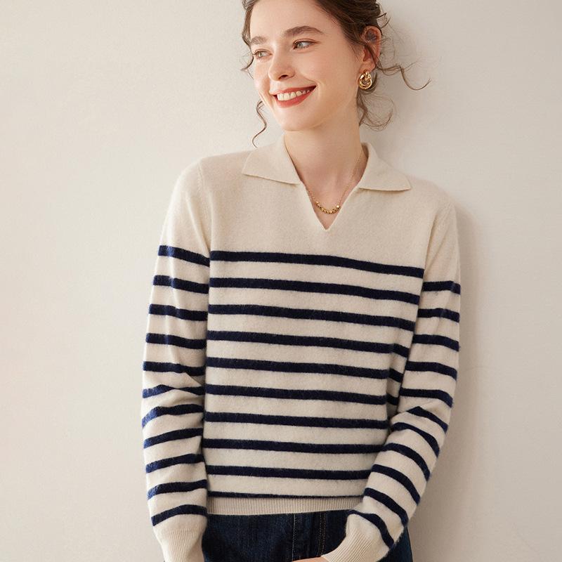 Women's Cashmere Knit Long Sleeve POLO Collar Top, Striped, Fashionable, Versatile, Soft, and Skin-Friendly