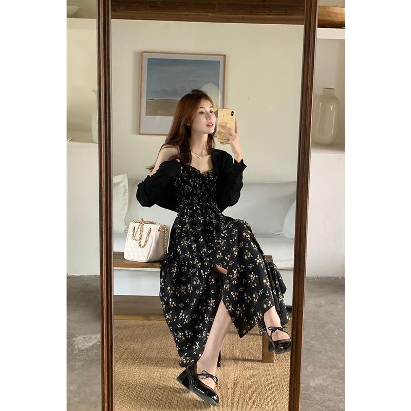 [Original practice] Wood ear edge floral dress women's new gentle wind tea break niche suspender dress