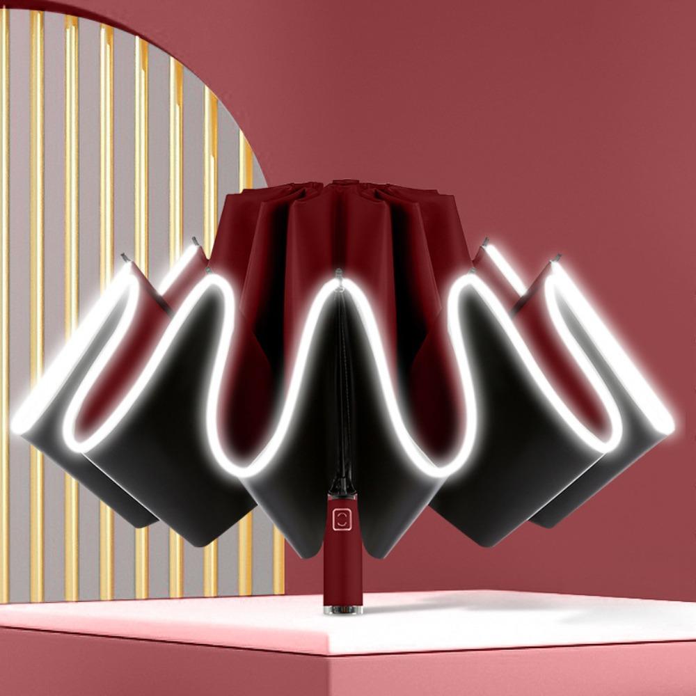 New Reflective Stripe Automatic Umbrella UPF50+ Wind Resistance Folding Umbrella Vinyl 10 Bone Three Fold Umbrella for Outdoor красный