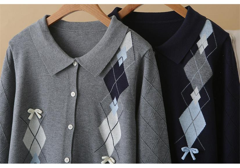 Women's Plus Size College Style Diamond Pattern Knitted Cardigan with Bowknot - Long Sleeve, Spring 2026 Collection.