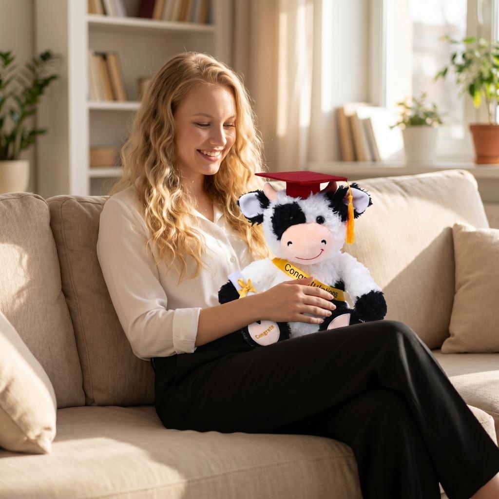 Plush Graduation Cow Toy Soft Stuffed Animal with Graduation Cap and Sash Holding Diploma for Graduation Celebration Gift