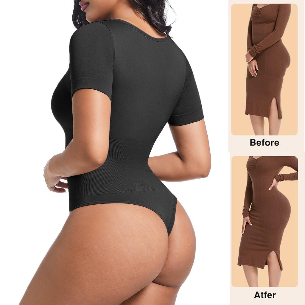 Dame Thong Bodysuit Kortermet Rund Hals Bodydrakter Magekontroll Shapewear Kompresjonsleotarder Slankende Kroppsformer