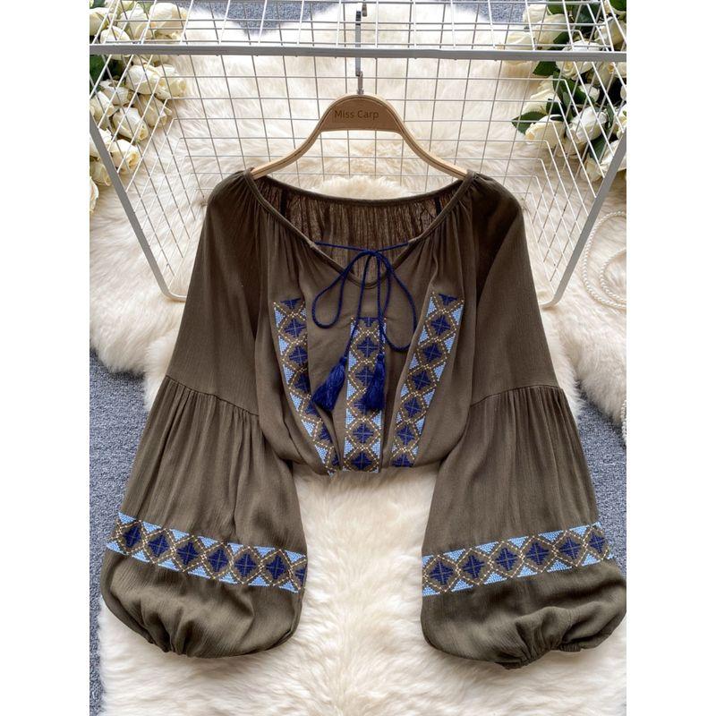Retro Ethnic Style Lantern Sleeve Shirt Tassel Embroider