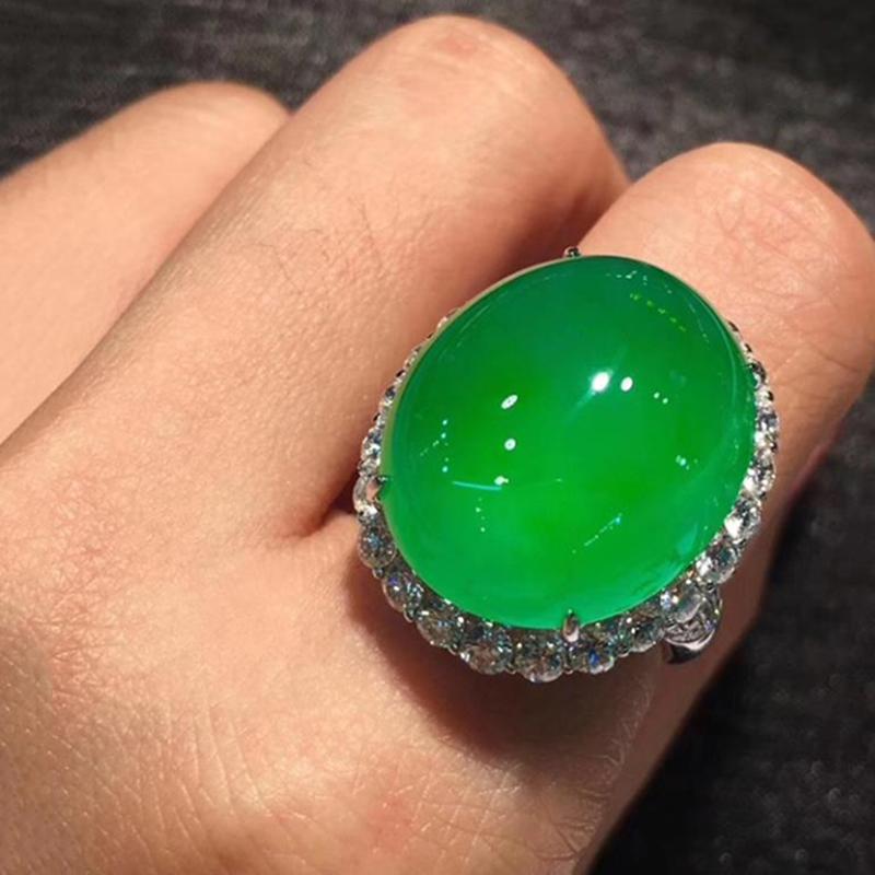 Silver Inlaid Crystal Natural Sun Green Chalcedony Oversized Egg Noodle Ring Simple and Exaggerated Women's