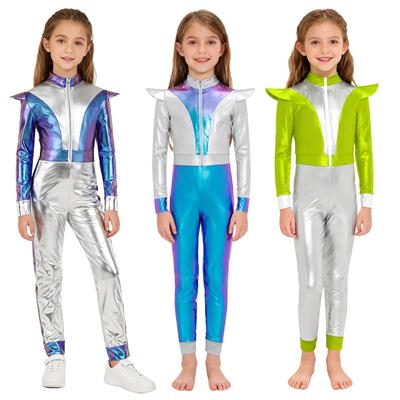 Meisjes Buitenaards Kostuum Lange Mouwen Rits aan de Voorkant Bodysuit Glanzend Metaalachtig Ruimte Robot Halloween Outfit