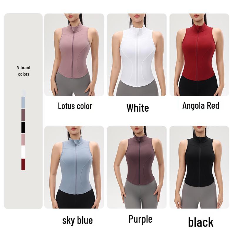 Dámský nahý top na jógu se zipem a ochranou proti nárazům - Zeštíhlující bez rukávů se stojáčkem pro letní venkovní sporty.