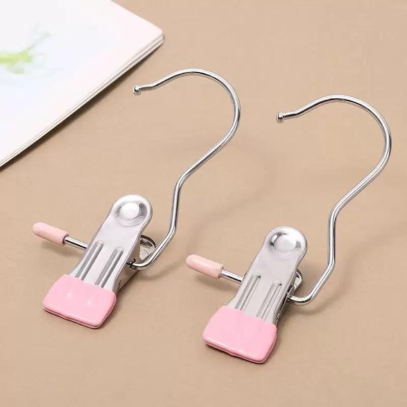 5/10pcs Pink Dip Plastic Non-Slip Hanger Clips, Metal Clothes Pegs with S Hooks for Pants Skirt Storage