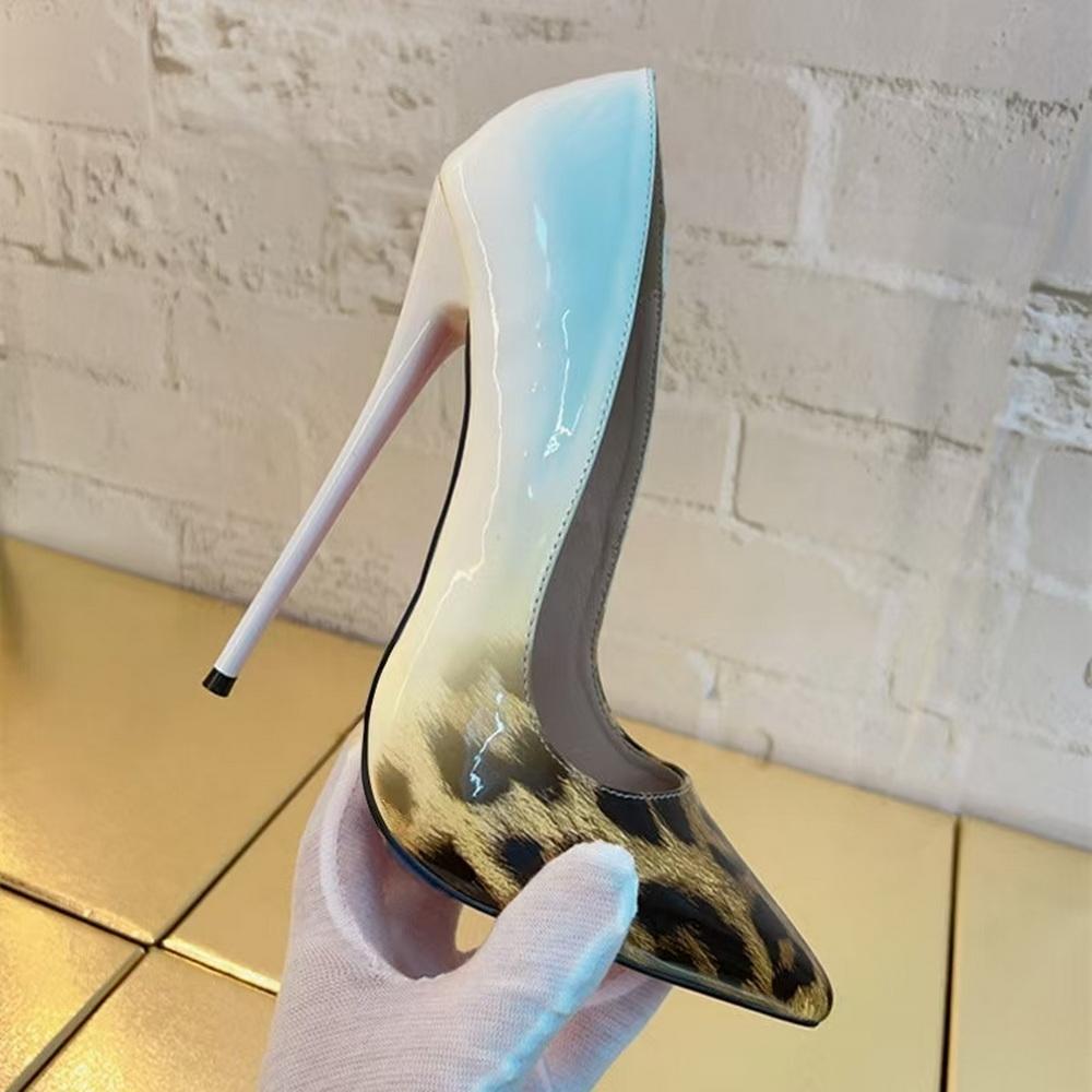 Fashion FHC 2025 New 16cm High Heels,Women Pumps,Spring Stage Show Shoes,Gradient Leopard Shallow Out,Slip On,White,Red,Green.Dropship