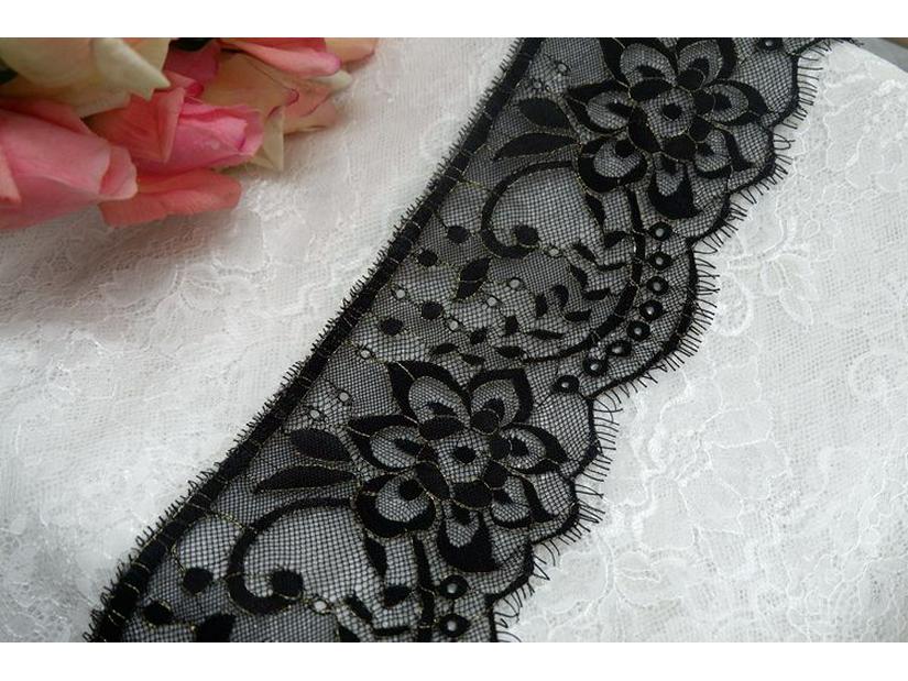 Gold Thread Black & White Double-Sided Eyelash Lace Fabric for DIY Clothing Straps & Splicing