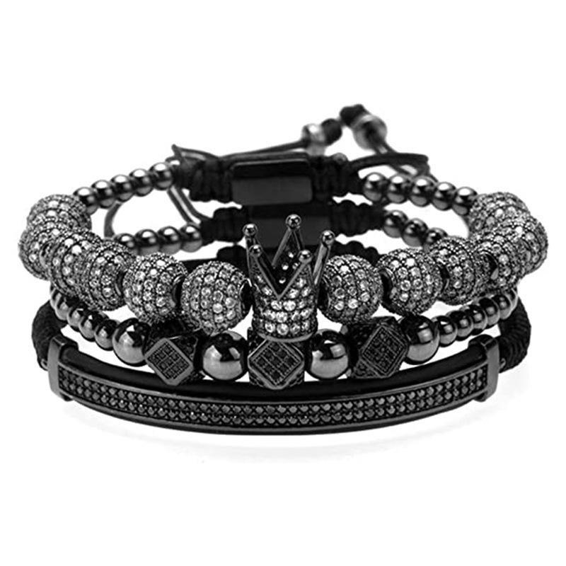 Men's Copper Zirconia Crown Ball Rhombus Double Row Crescent Bracelet Set