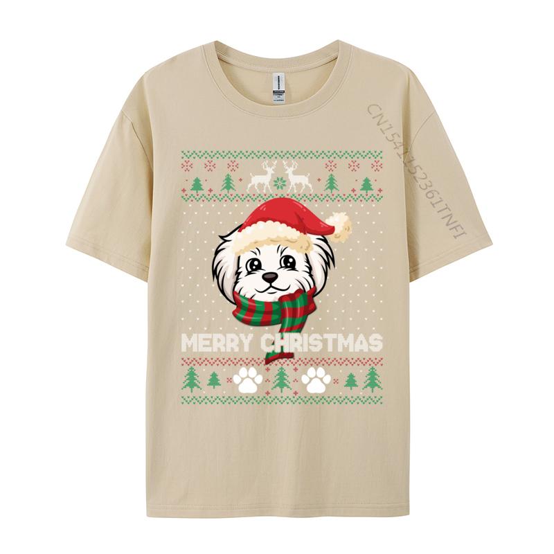 Merry Christmas Ugly Xmas Shirt Dog Santa Hat Maltese Lover TShirt Printing Short Sleeve Cotton Fabric ONeck Unisexs Tops Shirt