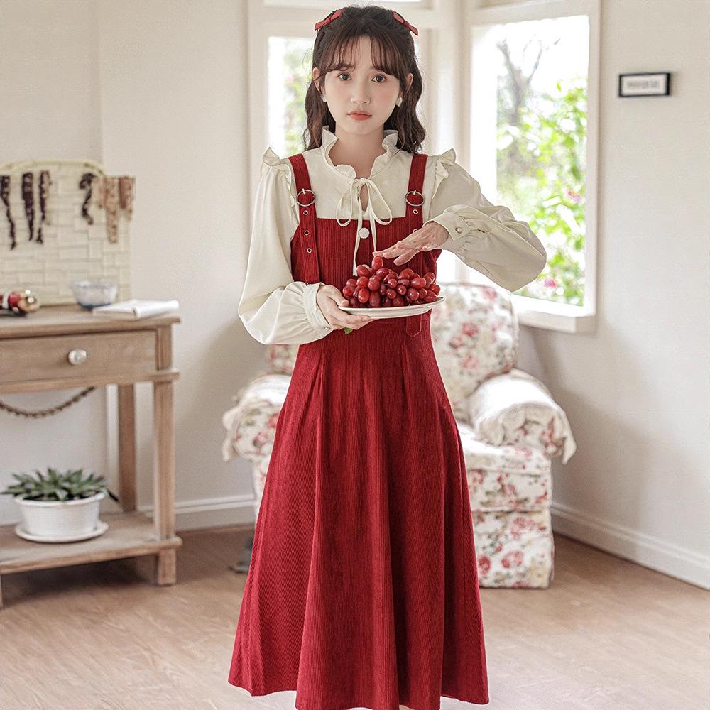 

Women s Autumn/Winter 2025 Ruffle Shirt & Sweet Suspender Skirt Two-Piece Set XL