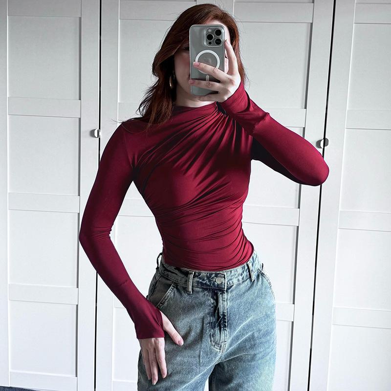 2024 Autumn/Winter Slim-Fit High-Neck Pleated Long-Sleeve Women's Top