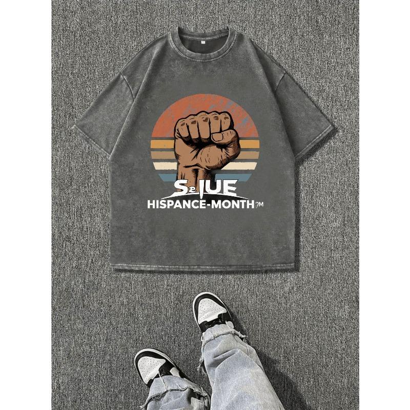 

Retro Style Distressed T-Shirt, Featuring a Gradient Raised Fist Graphic And Text, Perfect for Everyday Casual Wear 5XL сірий