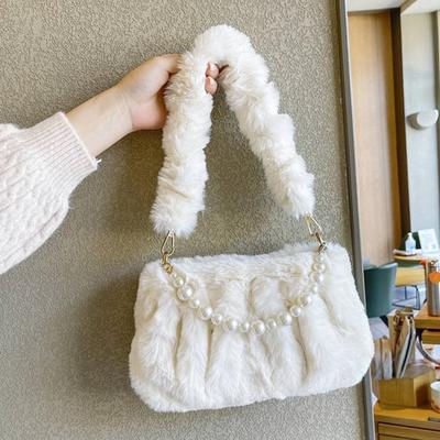Fashion Women Fluffy Shoulder Bags Female Winter Pearl Chain Underarm Bag Solid Color Handbag Soft Plush Handle Bag