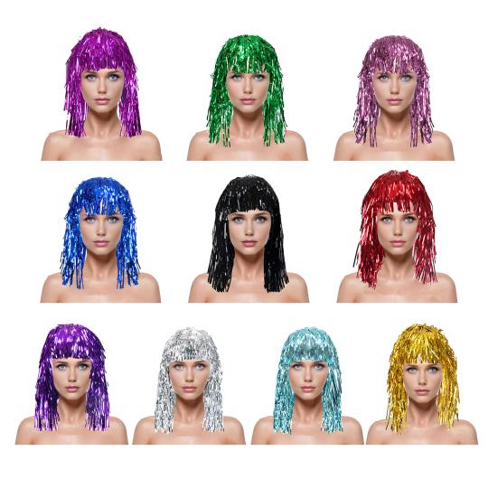 Metallic Foil Wig Headgear Adult Shiny Party Disco Wig Headgear with Adjustable Elastic Cord Reusable Cosplay Supplies