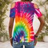 Women Plus Size Keyhole Ring Neck Cold Shoulder Short Sleeve Tie Dye Print T Shirt