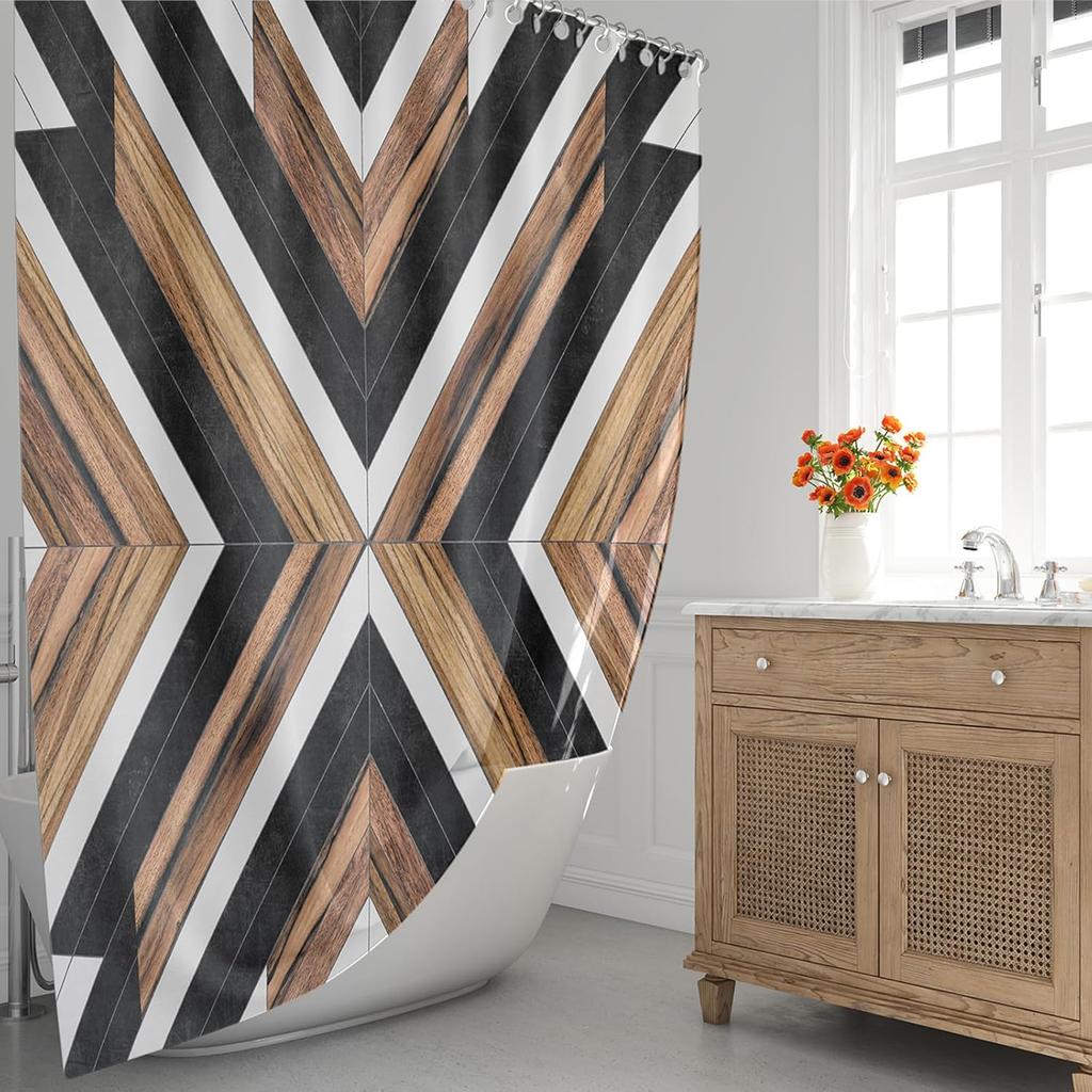 Bohemian Aboriginal Badezimmer Dekorativer Duschvorhang Moderner Neutraler Stammes-Holzstrukturierter Badezimmer Dekorativer Duschvorhang