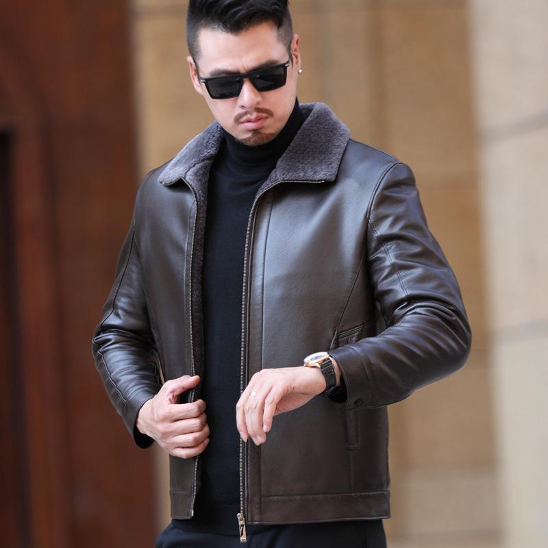 

Men s Lambskin Leather Jacket with Fur Lining - Casual Thickened Outerwear for Middle-Aged & Elderly 4XL коричневый/зелёный