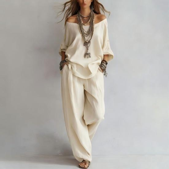 Yousheng Two Piece Matching Lounge Sets for Women Casual Off Shoulder Long Sleeve Top And Wide-Leg Pants Summer Boho Outfits