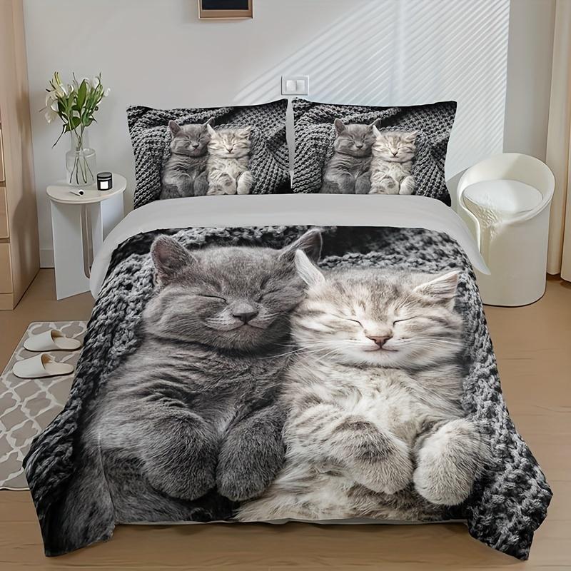 Cute Cat Print Duvet Cover Set - Soft Breathable Polyester Bedding For All Seasons Includes 1 Duvet Cover 2 Pillowcases