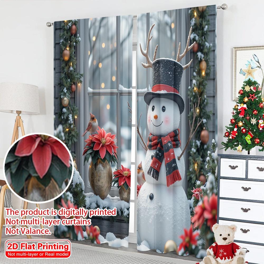2pcs 2D Flat Printing Christmas Party Curtain Happy Snowman Festive Polyester Without Electricity Family Party Use for Holiday