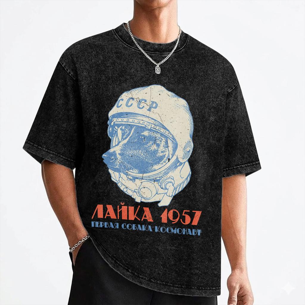 Laika Dog Sputnik Space Dog Space Travel USSR CCCP T Shirt Washed Cotton Oversize TShirt Cool Men Women Streetwear Graphic Tees