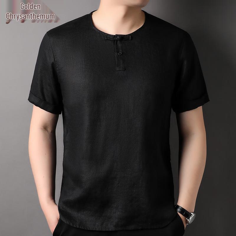 Men s Jinju 100% Linen Chinese Style Round Neck T-Shirt M