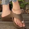 Fashion Luxury Rhinestone Wedge Flip Flops for Women Beach Clip Toe Pu Leather Slippers Woman Summer New Non Slip Med Heel Slides Mujer