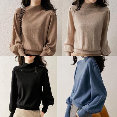 Pull à manches longues lanternes à col montant avec tempérament automne et hiver Pull tricoté Haut chemise de base ample pour femme