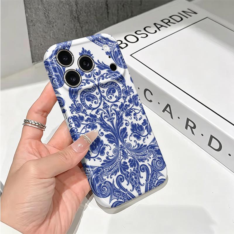 Cobalt Baroque Ornate Pattern Design Art Film Aesthetic Protective Shockproof Bumper Phone Case Cover For iPhone 14 15 16 Pro Max Plus